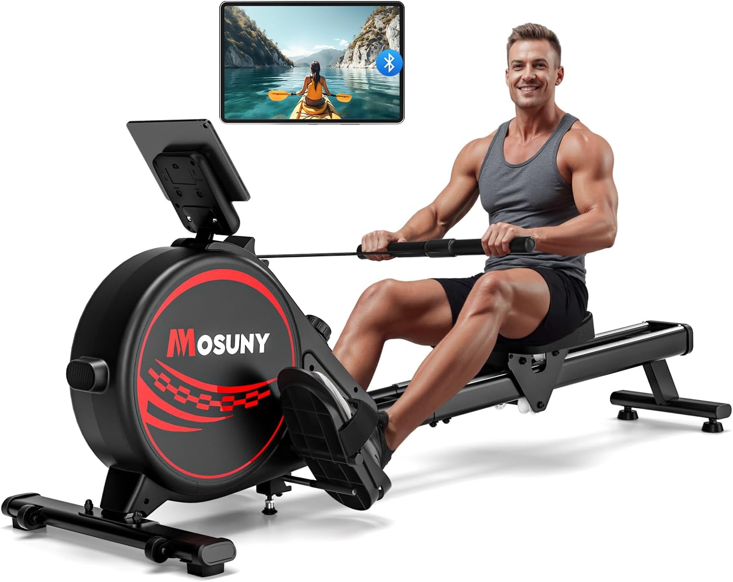 MOSUNY Rudergerät für Zuhause, wahlweise 16/32 Stufen Stufen Widerstand, Leises Magnetisches Rudergerät, Upgrade Doppel-Slide-Rails, App-Kompatibel LCD-Datenanzeige, Belastbar bis180kg