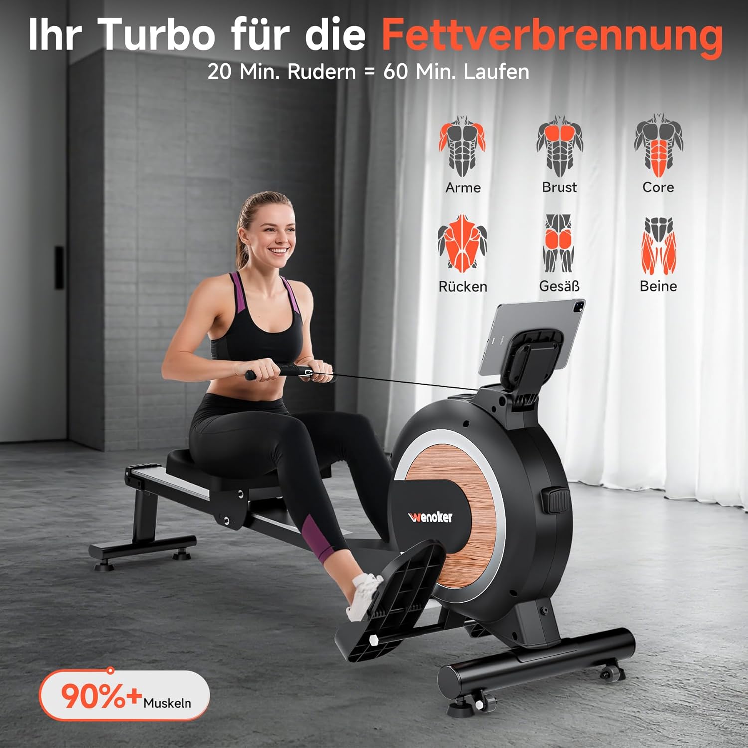 Wenoker Rudergerät mit Magnet-Fitnesstrainer, Rudergerät für Zuhause 32 Stufen Widerstand mit Exklusiver APP, Indoor-Gerät für das Home-Gym, Cardio-Trainingsgerät, 160 kg Kapazität mit LCD-Monitor