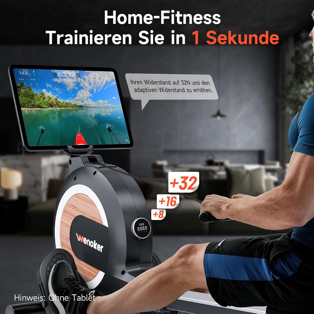 Wenoker Rudergerät mit Magnet-Fitnesstrainer, Rudergerät für Zuhause 32 Stufen Widerstand mit Exklusiver APP, Indoor-Gerät für das Home-Gym, Cardio-Trainingsgerät, 160 kg Kapazität mit LCD-Monitor
