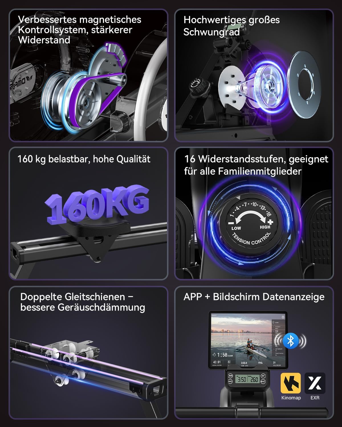 [2026 Neu] Rudergerät für Zuhause, DMASUN Magnetisches Rudergerät mit Upgrade Doppel-Slide-Rails, APP-Verbindung, 16 Widerstandsstufen, LCD-Datenanzeige, ideal für Cardio-Training, Bis 160kg Belastbar