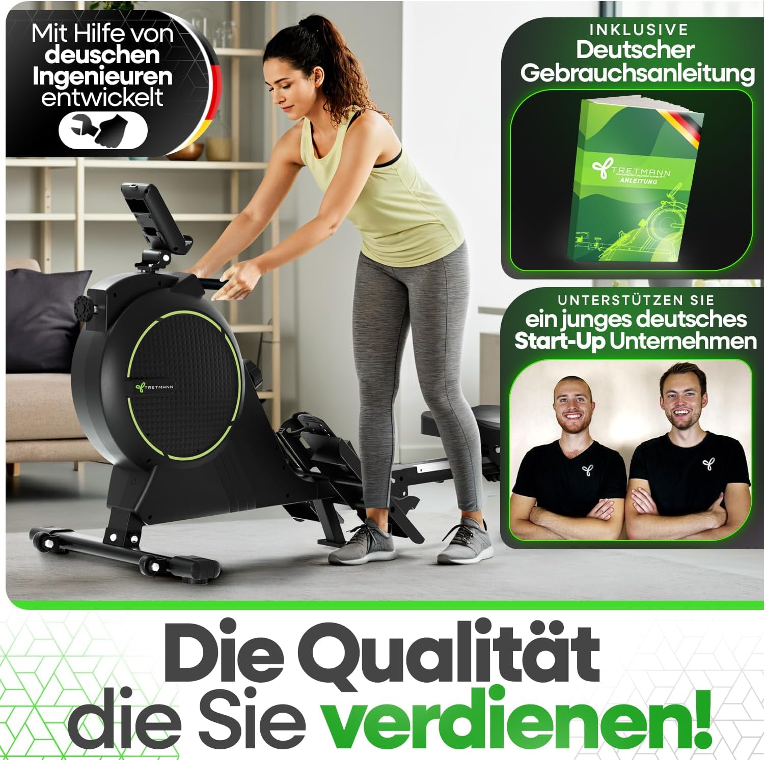 NEU Tretmann Rudergerät für Zuhause Set - extra leise- [Wirbelstrombremse2.0] bis 150KG Zertifiziert | patentiert ErgoKonzept | Rudergerät Magnet Rudermaschine Rudergeräte Ruder Fitnessgeräte