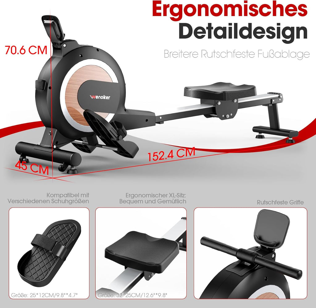 Wenoker Rudergerät für Zuhause, Magnetisches Rudergerät mit APP & LCD-Display, 32 Widerstandsstufen, Leises Heimrudergerät für Cardio-Training, 160 kg Belastbarkeit, Vertikal Verstaubar