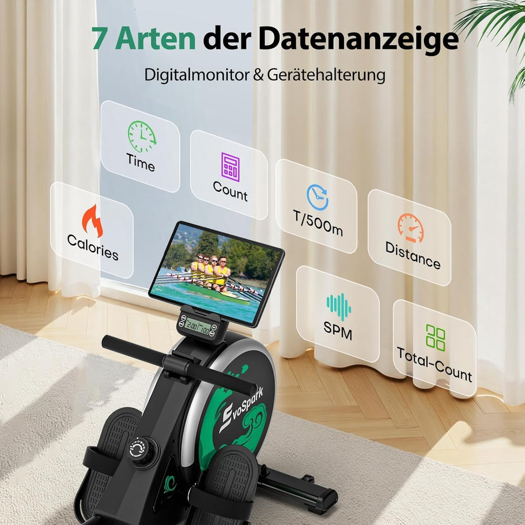 EvoSpark Rudergerät für Zuhause, Rudergerät mit 16 Stufen Widerstand, APP-Verbindung, Upgrade Doppel-Slide-Rails Ultraleise Rudermaschine, LCD-Datenanzeige, Die Erste Wahl für Fitnessgeräte