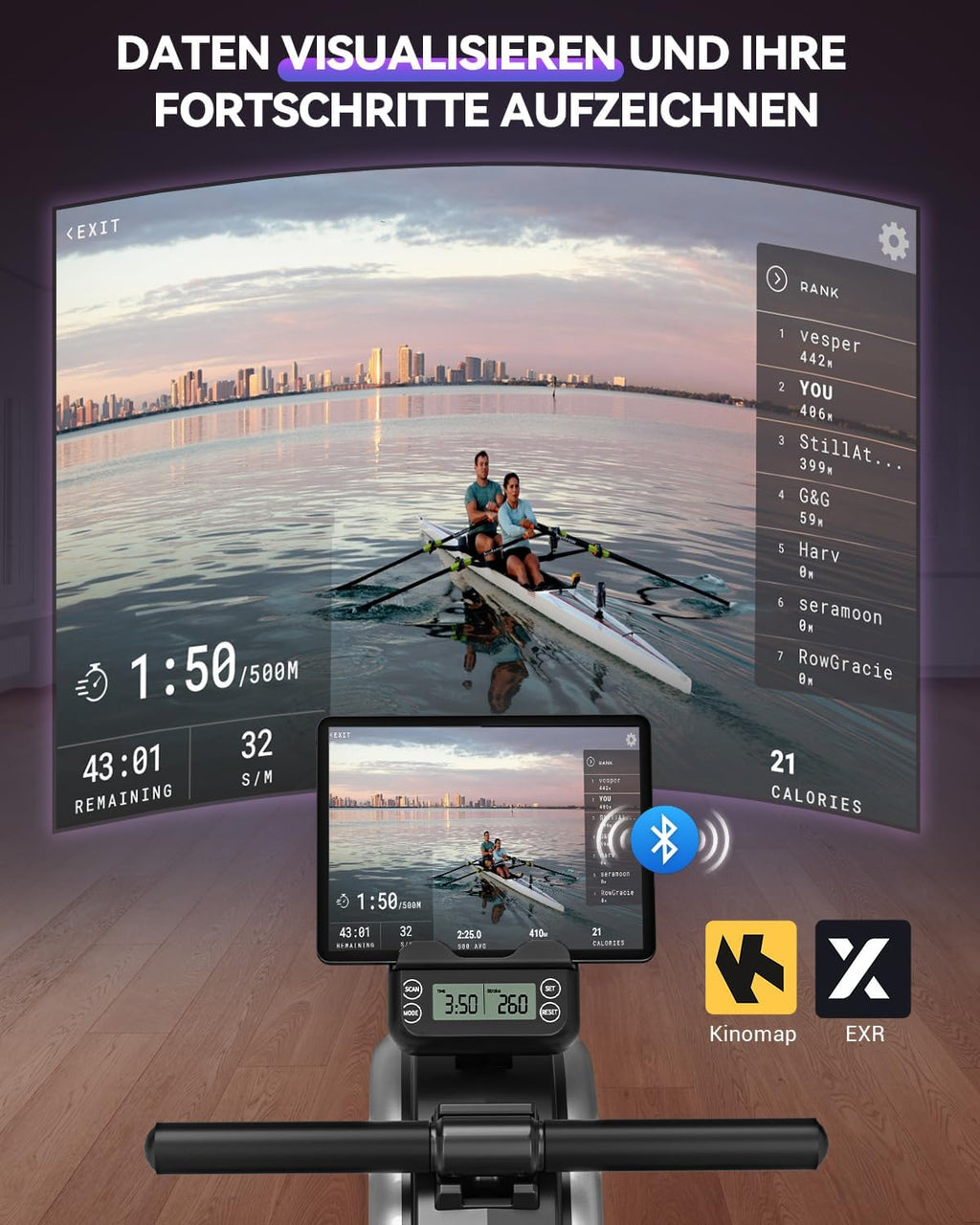 [2026 Neu] Rudergerät für Zuhause, DMASUN Magnetisches Rudergerät mit Upgrade Doppel-Slide-Rails, APP-Verbindung, 16 Widerstandsstufen, LCD-Datenanzeige, ideal für Cardio-Training, Bis 160kg Belastbar
