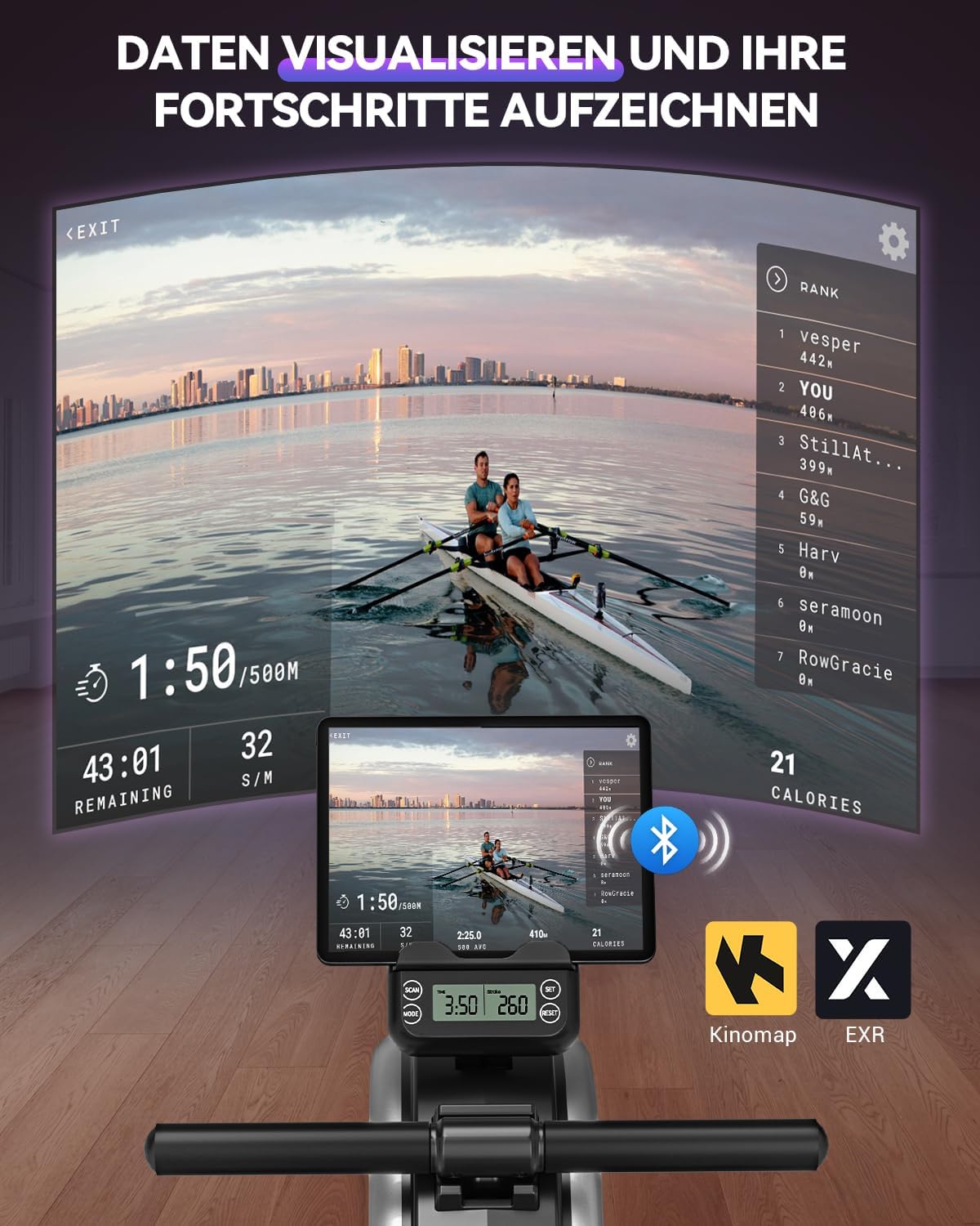 [2026 Neu] Rudergerät für Zuhause, DMASUN Magnetisches Rudergerät mit Upgrade Doppel-Slide-Rails, APP-Verbindung, 16 Widerstandsstufen, LCD-Datenanzeige, ideal für Cardio-Training, Bis 160kg Belastbar