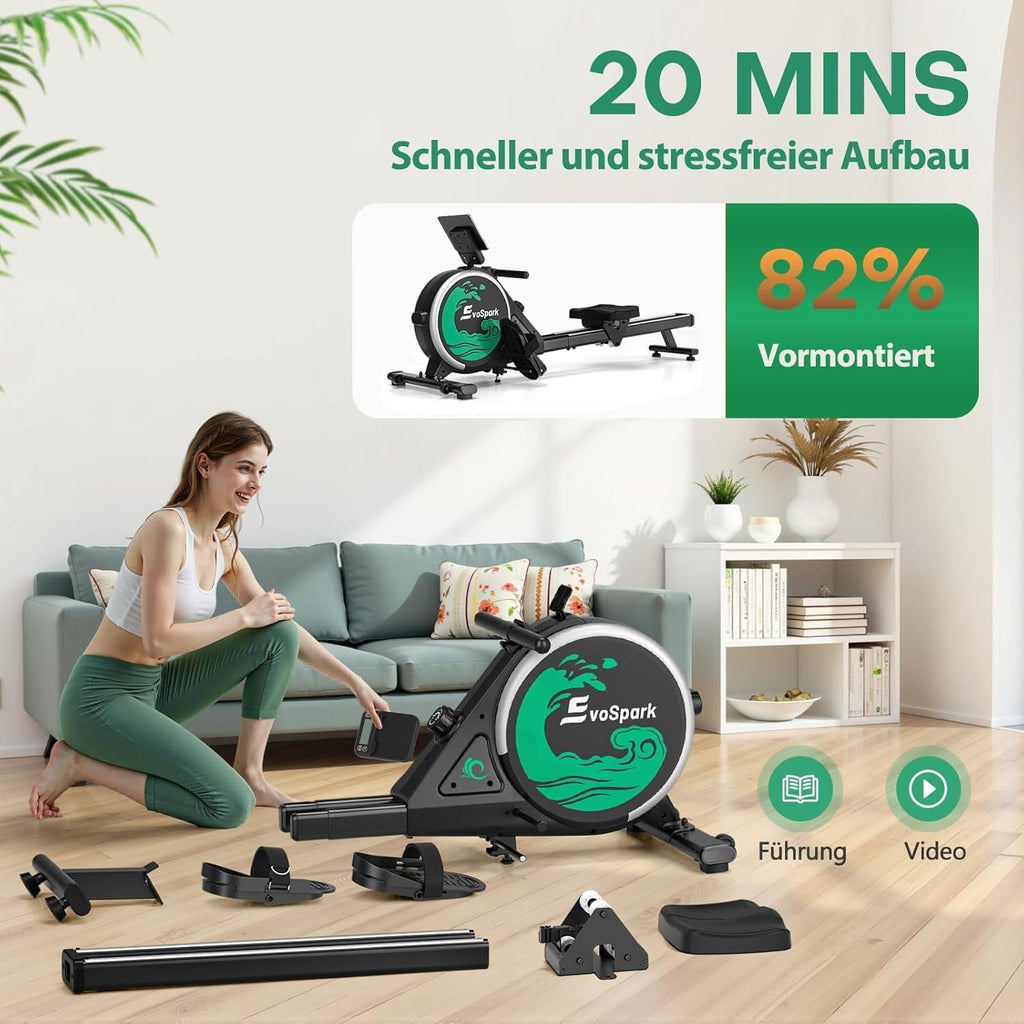 EvoSpark Rudergerät für Zuhause, Rudergerät mit 16 Stufen Widerstand, APP-Verbindung, Upgrade Doppel-Slide-Rails Ultraleise Rudermaschine, LCD-Datenanzeige, Die Erste Wahl für Fitnessgeräte