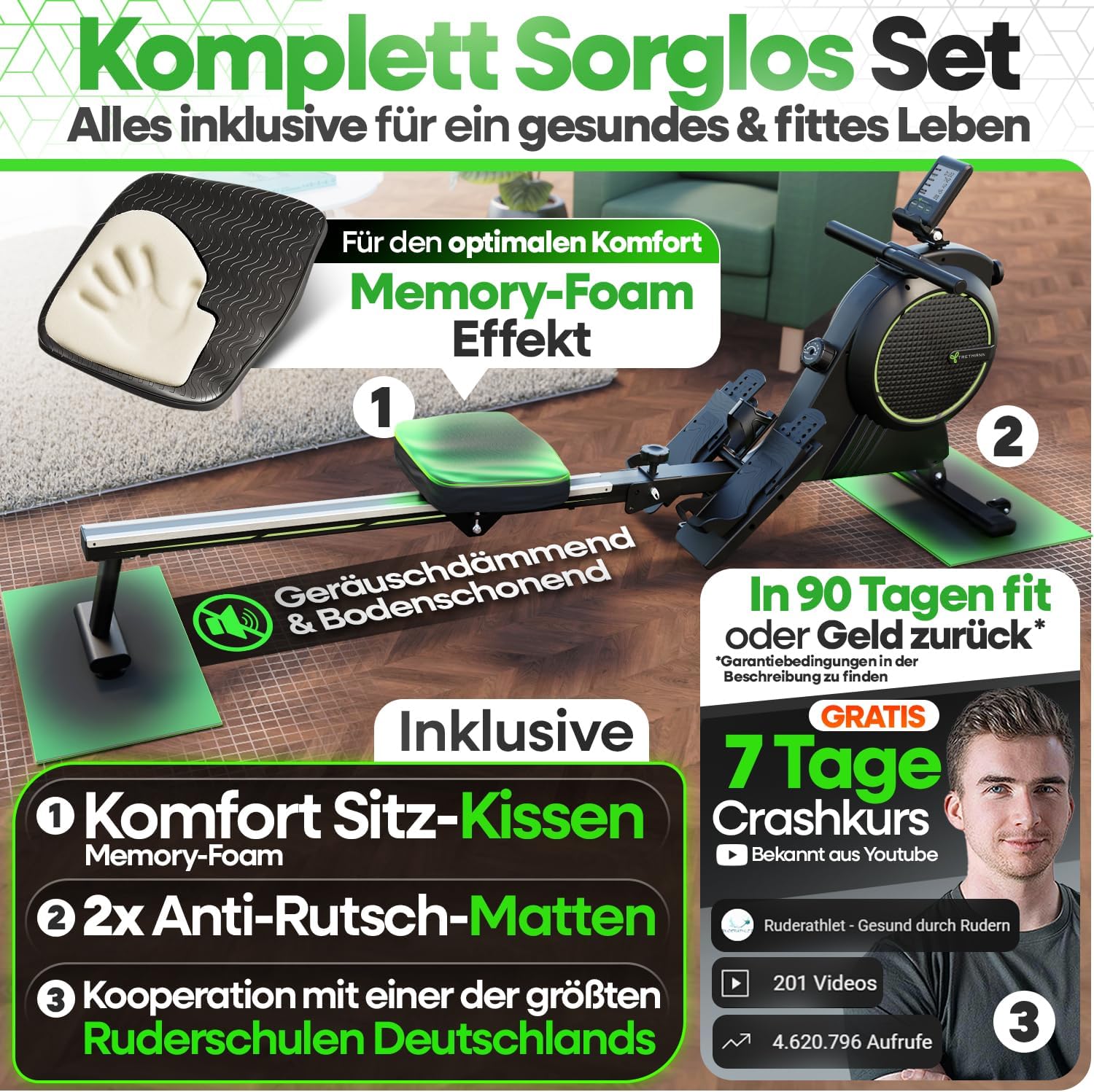 NEU Tretmann Rudergerät für Zuhause Set - extra leise- [Wirbelstrombremse2.0] bis 150KG Zertifiziert | patentiert ErgoKonzept | Rudergerät Magnet Rudermaschine Rudergeräte Ruder Fitnessgeräte