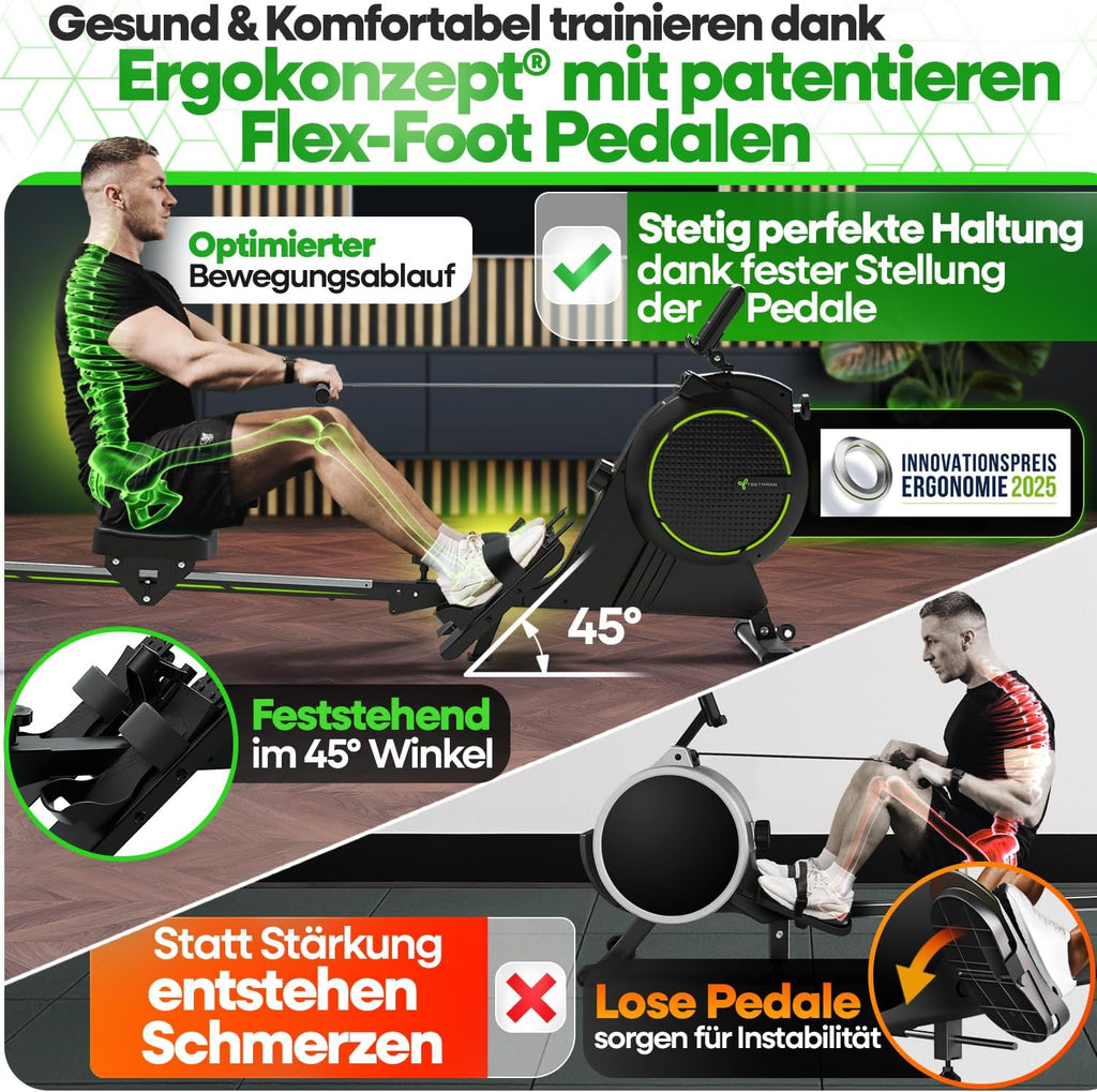 NEU Tretmann Rudergerät für Zuhause Set - extra leise- [Wirbelstrombremse2.0] bis 150KG Zertifiziert | patentiert ErgoKonzept | Rudergerät Magnet Rudermaschine Rudergeräte Ruder Fitnessgeräte