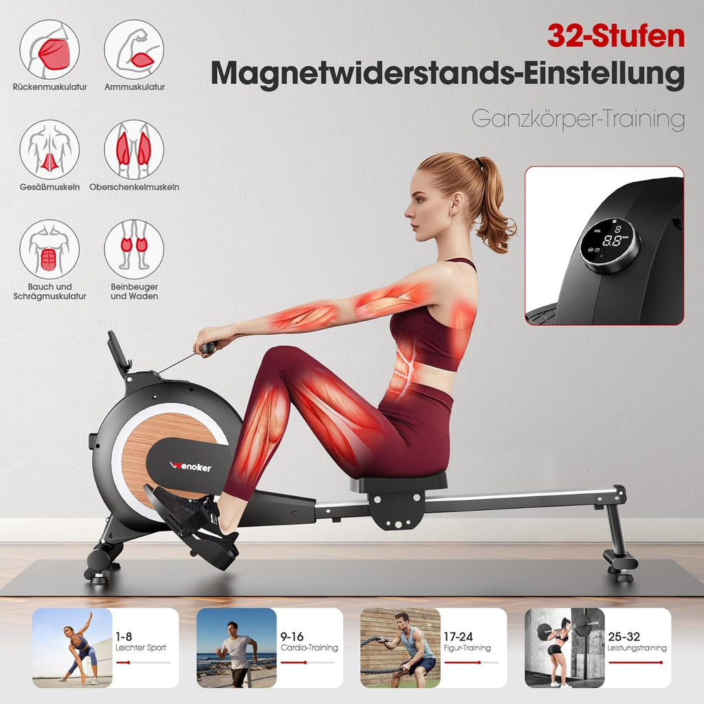 Wenoker Rudergerät für Zuhause, Magnetisches Rudergerät mit APP & LCD-Display, 32 Widerstandsstufen, Leises Heimrudergerät für Cardio-Training, 160 kg Belastbarkeit, Vertikal Verstaubar