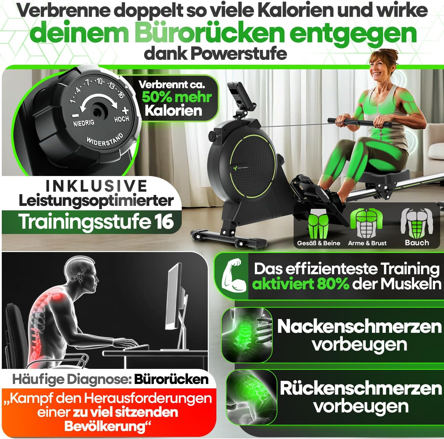 NEU Tretmann Rudergerät für Zuhause Set - extra leise- [Wirbelstrombremse2.0] bis 150KG Zertifiziert | patentiert ErgoKonzept | Rudergerät Magnet Rudermaschine Rudergeräte Ruder Fitnessgeräte