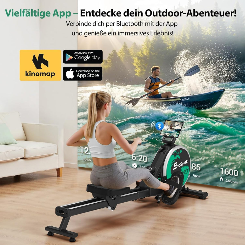 EvoSpark Rudergerät für Zuhause, Rudergerät mit 16 Stufen Widerstand, APP-Verbindung, Upgrade Doppel-Slide-Rails Ultraleise Rudermaschine, LCD-Datenanzeige, Die Erste Wahl für Fitnessgeräte