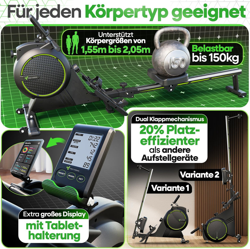 NEU Tretmann Rudergerät für Zuhause Set - extra leise- [Wirbelstrombremse2.0] bis 150KG Zertifiziert | patentiert ErgoKonzept | Rudergerät Magnet Rudermaschine Rudergeräte Ruder Fitnessgeräte