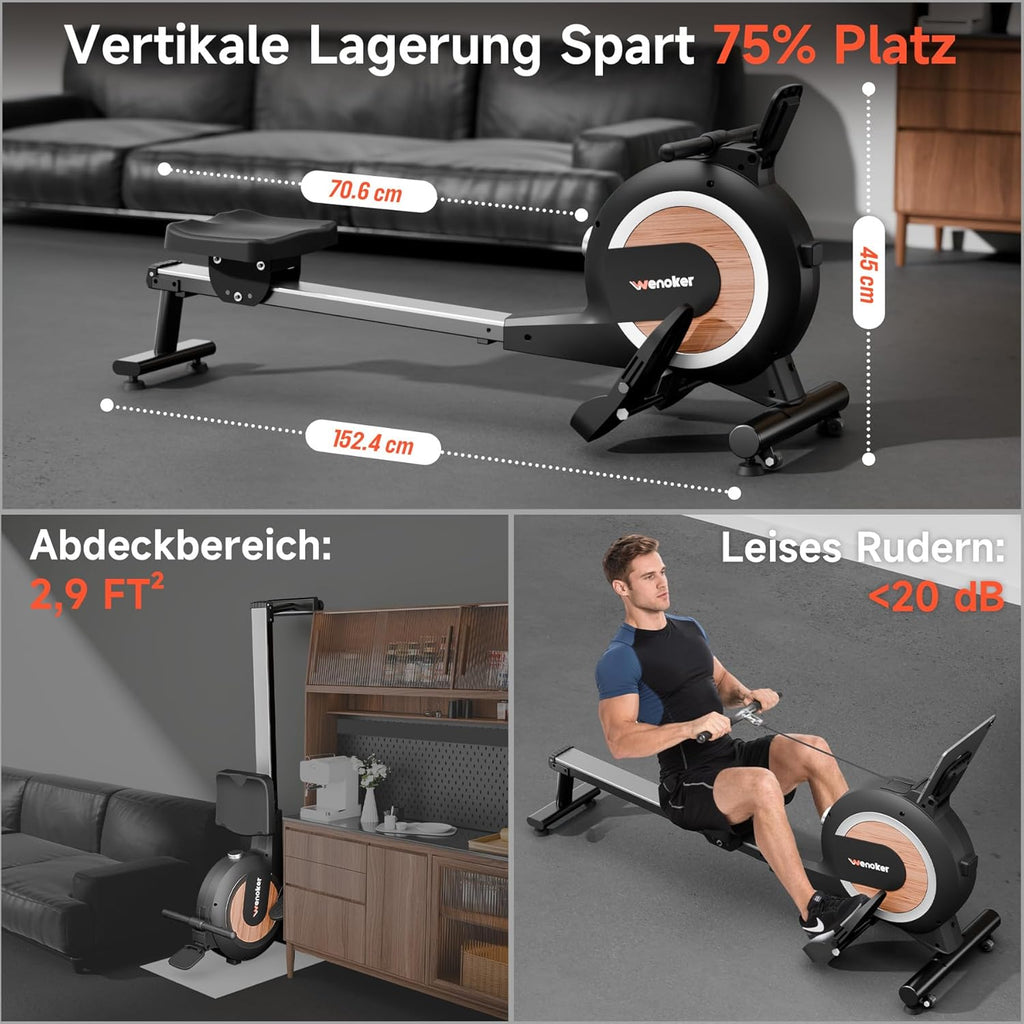 Wenoker Rudergerät mit Magnet-Fitnesstrainer, Rudergerät für Zuhause 32 Stufen Widerstand mit Exklusiver APP, Indoor-Gerät für das Home-Gym, Cardio-Trainingsgerät, 160 kg Kapazität mit LCD-Monitor